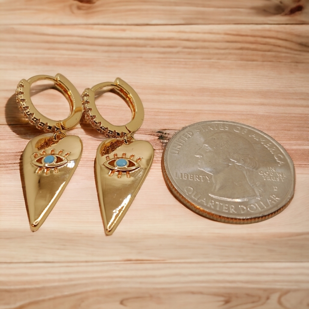 14K Gold Plated & CZ "Evil Eye" Huggie Hoop Earrings - Picture 5 of 5